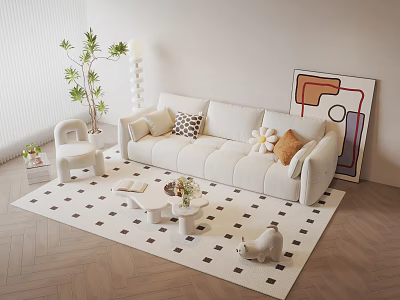 Modern Living Room Sofa And Coffee Table Set With Geometric Rug Potted Plant And Artwork 3d model