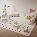 Modern Living Room Sofa And Coffee Table Set With Geometric Rug Potted Plant And Artwork