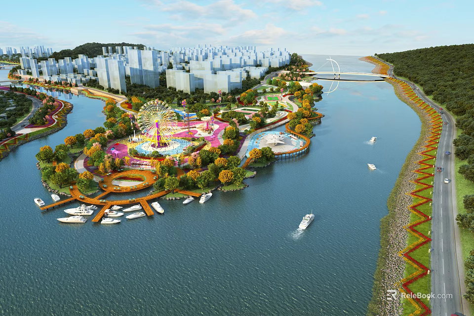 Scenic Riverside Waterfront Landscape With Park Greenery Buildings Boats And Bridge 3d model 