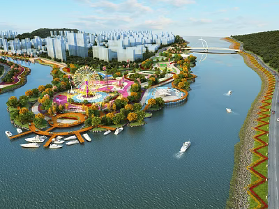 Scenic Riverside Waterfront Landscape With Park Greenery Buildings Boats And Bridge 3d model