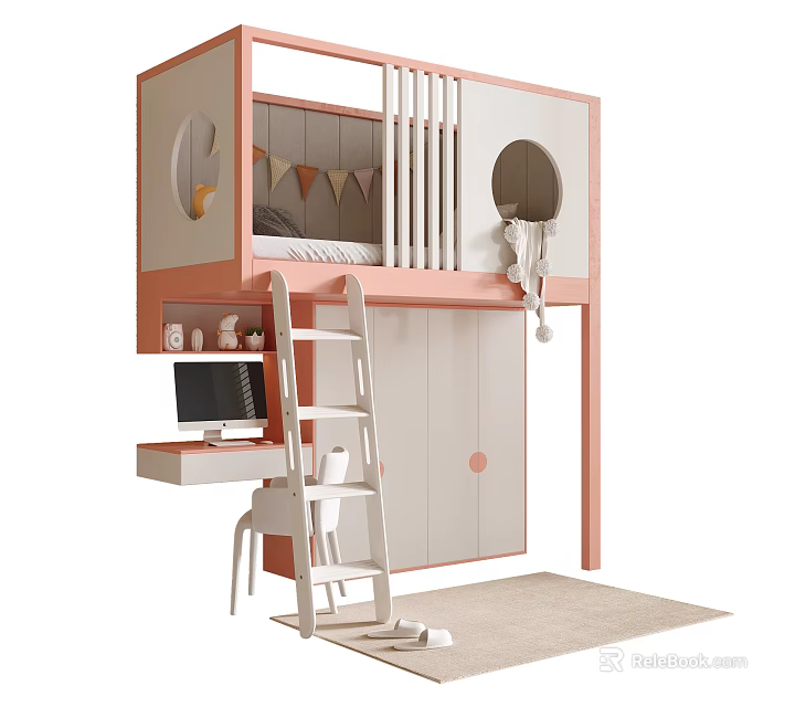 Cute Kids Bookcase With Pink And White Design Desk And Bunk Bed Storage 3d model 
