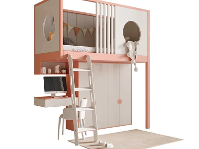 Cute Kids Bookcase With Pink And White Design Desk And Bunk Bed Storage 3d model