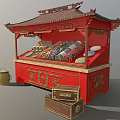 Traditional Chinese Vendor Stall Red Wooden Structure With Ornate Roof Scrolls Bowls Bamboo Basket Boxes