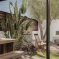 Garden Landscape With Wooden Fence Large Greenery Stone Wall Outdoor Seating Stone Path And Lawn