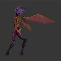 Fantasy Sci Fi Game Character With Purple Orange Armored Body And Transparent Wings