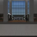 Modern Office Building Entrance Gate with Glass Curtain Wall and People Entering Exiting