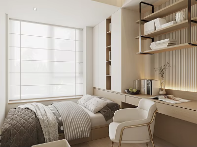 Modern Tatami Bedroom With Bright Window Blinds Bookshelf And Desk Chair 3d model