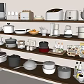 Dinnerware Set with Various Kitchen Items on Wooden Shelves and Appliances