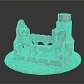 Scenic Ancient Castle Ruins With Red Brick Tower Arches And Green Grass Base
