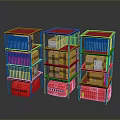 Three Red And Blue Multi Tier Storage Shelving Units With Cardboard Boxes 3d model