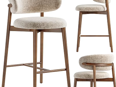 Modern Upholstered Bar Stools With Beige Fabric Seat And Wooden Frame Backrest 3d model