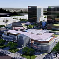 Modern Shopping Mall Architecture With Glass Curtain Wall Grid Roof And High Rise Background
