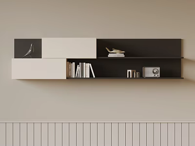 Modern Wall Mounted Black And White Bookshelf With Books And Decorative Items 3d model