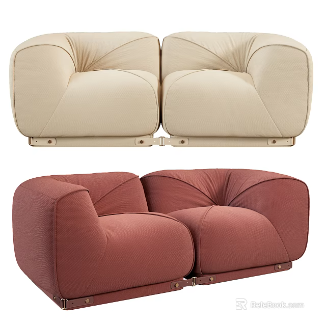 Modern Two Seater Sofa Set Beige And Red With Tufted Backrest And Rounded Arms 3d model