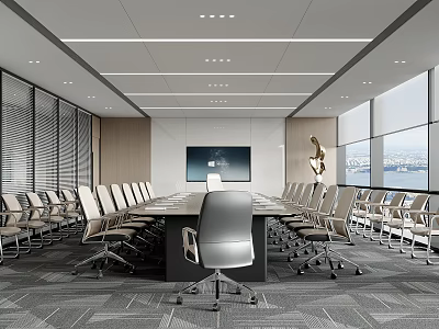 Modern Professional Conference Room Interior With Large Table Comfortable Chairs Display Screen And Windows 3d model