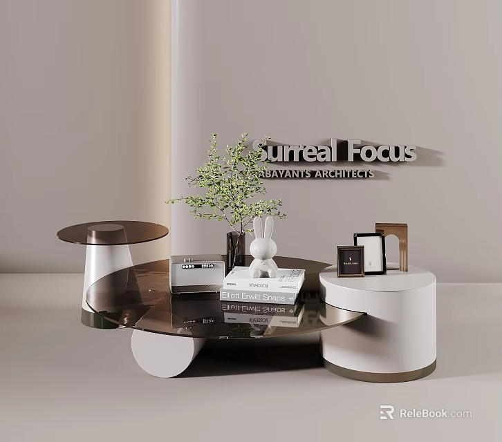 Modern Coffee Table With White Metallic Base Featuring Green Plant Vase Books Photo Frame 3d model 