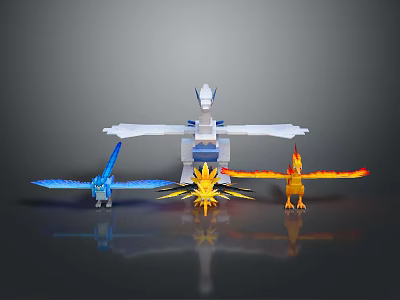 White And Blue Winged Character With Small Blue Winged Yellow Lightning And Orange Flame Creatures 3d model