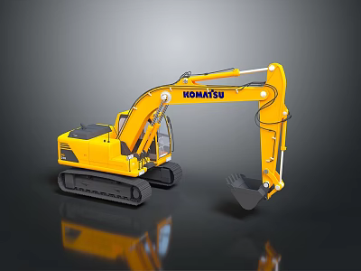 Yellow Komatsu Tracked Excavator With Front Bucket On Dark Surface 3d model