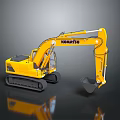 Yellow Komatsu Tracked Excavator With Front Bucket On Dark Surface