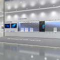 Spacious Modern Hall With Large Display Screen Showcasing City Landscape Glass Skylight And Display Counters