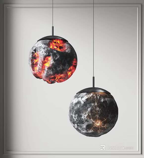 Creative Modern Hanging Pendant Lights With Planet Shaped Design And Lava Red Gray Texture 3d model 