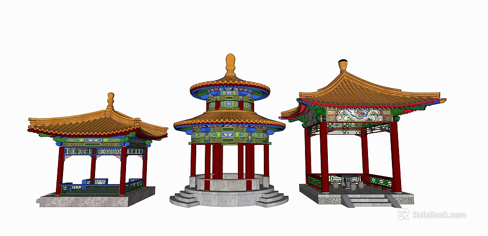 Traditional Chinese Pavilions With Various Roof Designs And Colorful Decorative Elements 3d model 