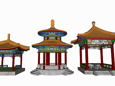 Traditional Chinese Pavilions With Various Roof Designs And Colorful Decorative Elements 3d model
