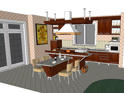 Warm Traditional Kitchen with Wooden Cabinets Island Counter Sunflower Painting and Dining Chairs 3d model
