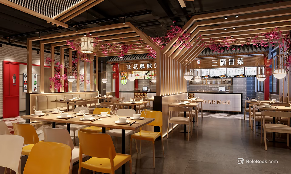 Restaurant Interior Design With Wooden Beams Pink Floral Decorations Yellow Chairs And Dining Tables 3d model 