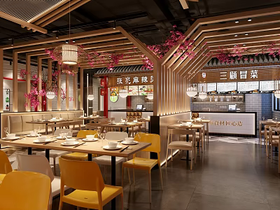 Restaurant Interior Design With Wooden Beams Pink Floral Decorations Yellow Chairs And Dining Tables 3d model