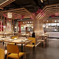 Restaurant Interior Design With Wooden Beams Pink Floral Decorations Yellow Chairs And Dining Tables