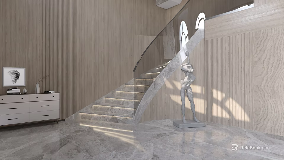 Modern Staircase With Glass Railing Marble Steps And Wooden Wall Sculpture Natural Light 3d model 