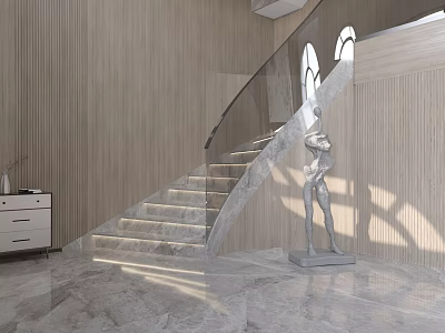 Modern Staircase With Glass Railing Marble Steps And Wooden Wall Sculpture Natural Light 3d model