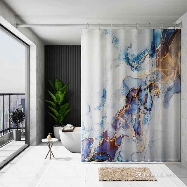 Modern Bathroom Bathtub Featuring Blue Gold Marble Pattern Shower Curtain Green Plant and City View 3d model 