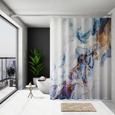 Modern Bathroom Bathtub Featuring Blue Gold Marble Pattern Shower Curtain Green Plant and City View 3d model