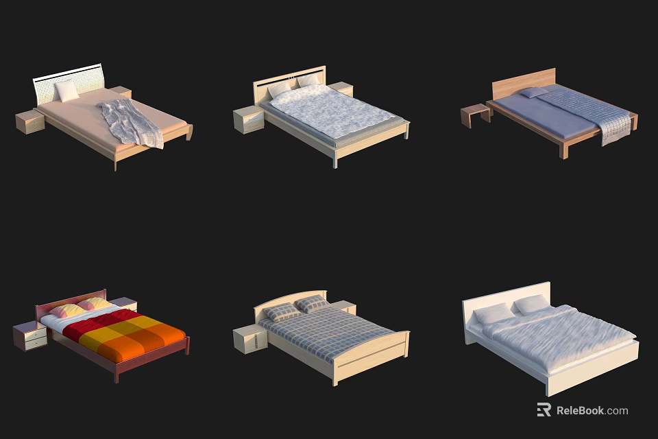 Double Bed Various Designs with Different Bed Frames Bed Linens and Bedside Tables 3d model
