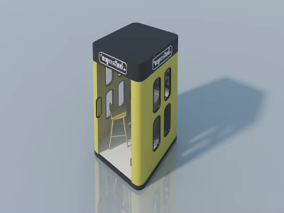 Swing Door Yellow Telephone Booth Featuring Black Top And Chair Inside 3d model
