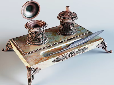 Vintage Decorative Ornament Set With Carved Tray Lidded Container Small Jar And Quill Pen 3d model