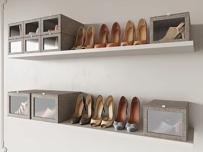 Various Style High Heel Shoes on Shelves With Transparent Lid Shoe Boxes 3d model