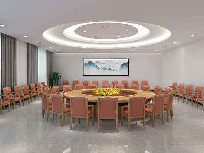 Conference Room With Round Table Pink Chairs Yellow Flowers Landscape Painting And Circular Ceiling Lights 3d model