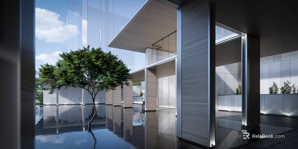Modern Architectural Exterior Design With Glass Curtain Walls Wooden Roof Reflective Pool And Green Tree 3d model 
