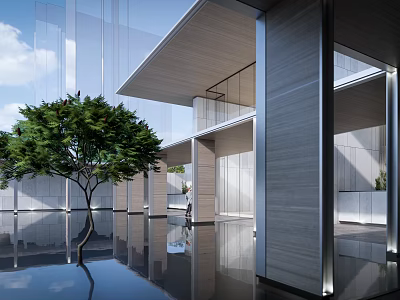 Modern Architectural Exterior Design With Glass Curtain Walls Wooden Roof Reflective Pool And Green Tree 3d model