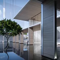 Modern Architectural Exterior Design With Glass Curtain Walls Wooden Roof Reflective Pool And Green Tree
