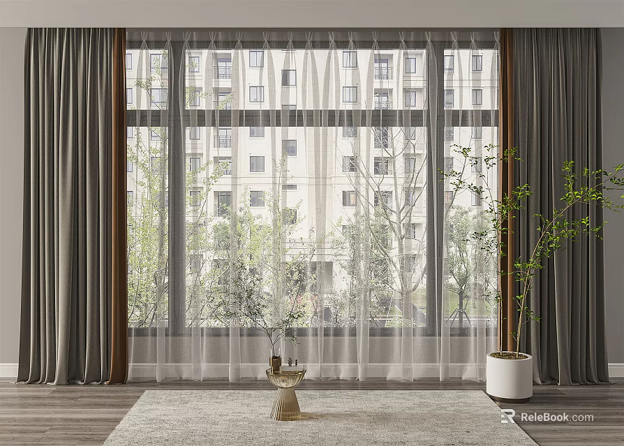 Gray Sheer and Solid Curtains for Living Room Window with Urban View and Indoor Plant 3d model 