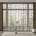 Gray Sheer and Solid Curtains for Living Room Window with Urban View and Indoor Plant