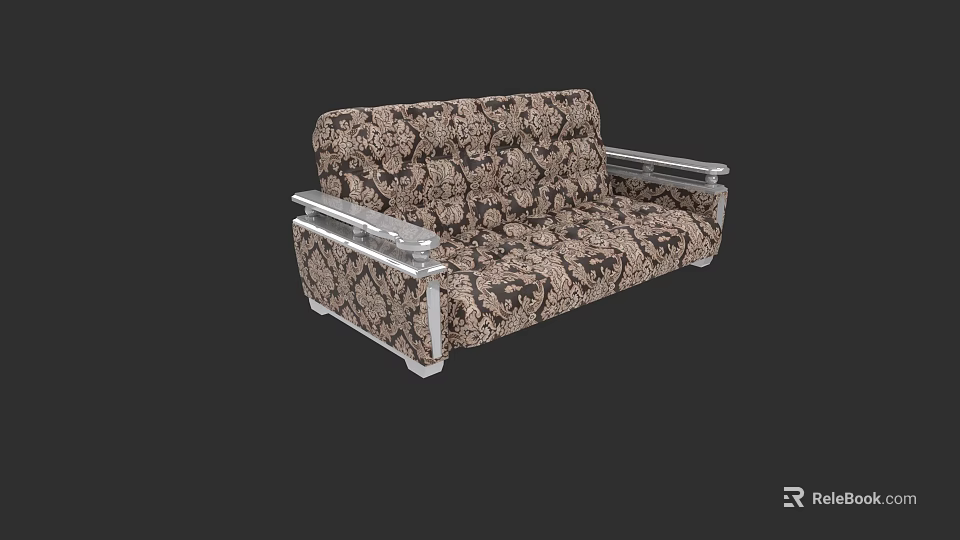 Modern Two Seater Sofa With Brown Beige Patterned Fabric And Silver Armrests 3d model