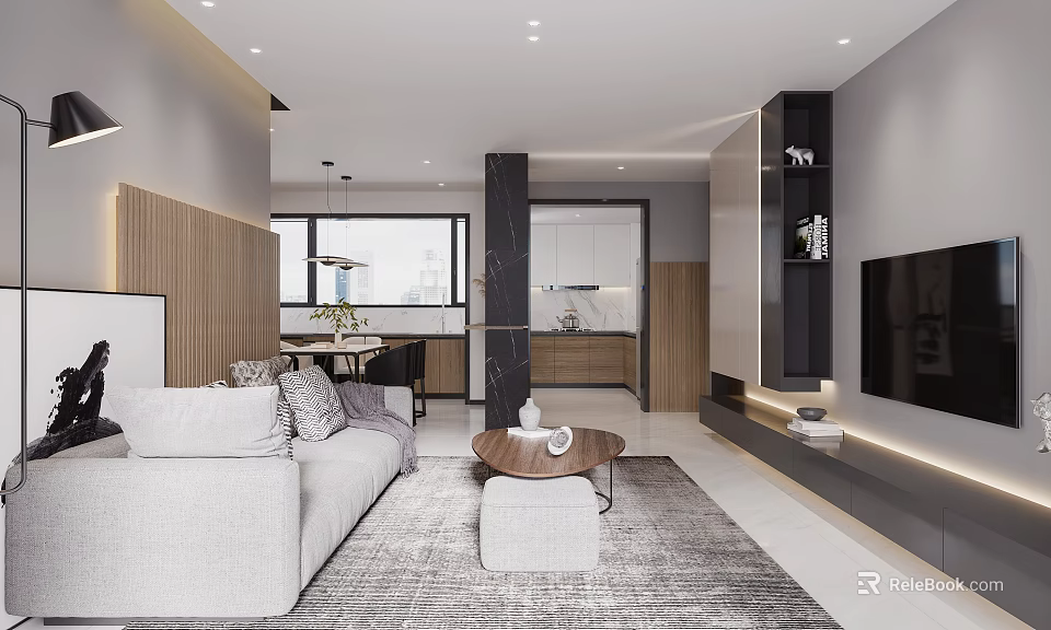 Modern Living And Dining Area With Sofa Coffee Table TV Wall And Dining Table 3d model 