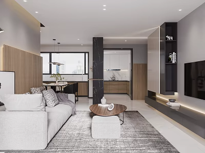 Modern Living And Dining Area With Sofa Coffee Table TV Wall And Dining Table 3d model
