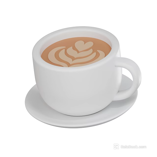 Creamy Latte Coffee Drink With Heart And Leaf Foam Art In White Cup On Saucer 3d model 