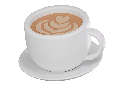 Creamy Latte Coffee Drink With Heart And Leaf Foam Art In White Cup On Saucer 3d model